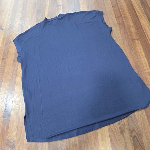 Eileen Fisher Mock Neck Cap Sleeve Navy Blue Women's Top Longer Length Size Med. - Picture 2 of 8
